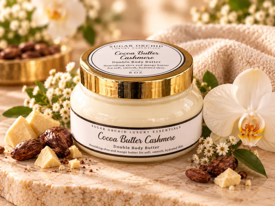 Closed jar of Cocoa Butter Cashmere body butter