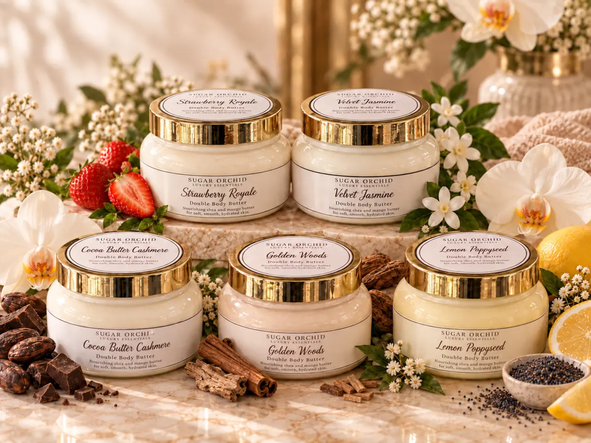 A collection of Sugar Orchid body butters