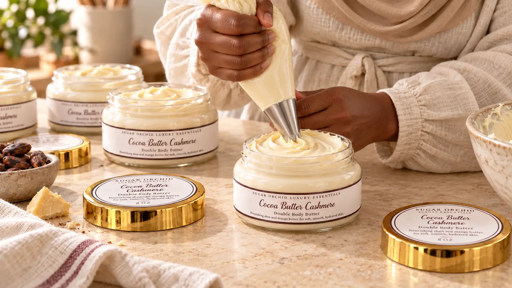 Finishing Sugar Orchid body butter by hand