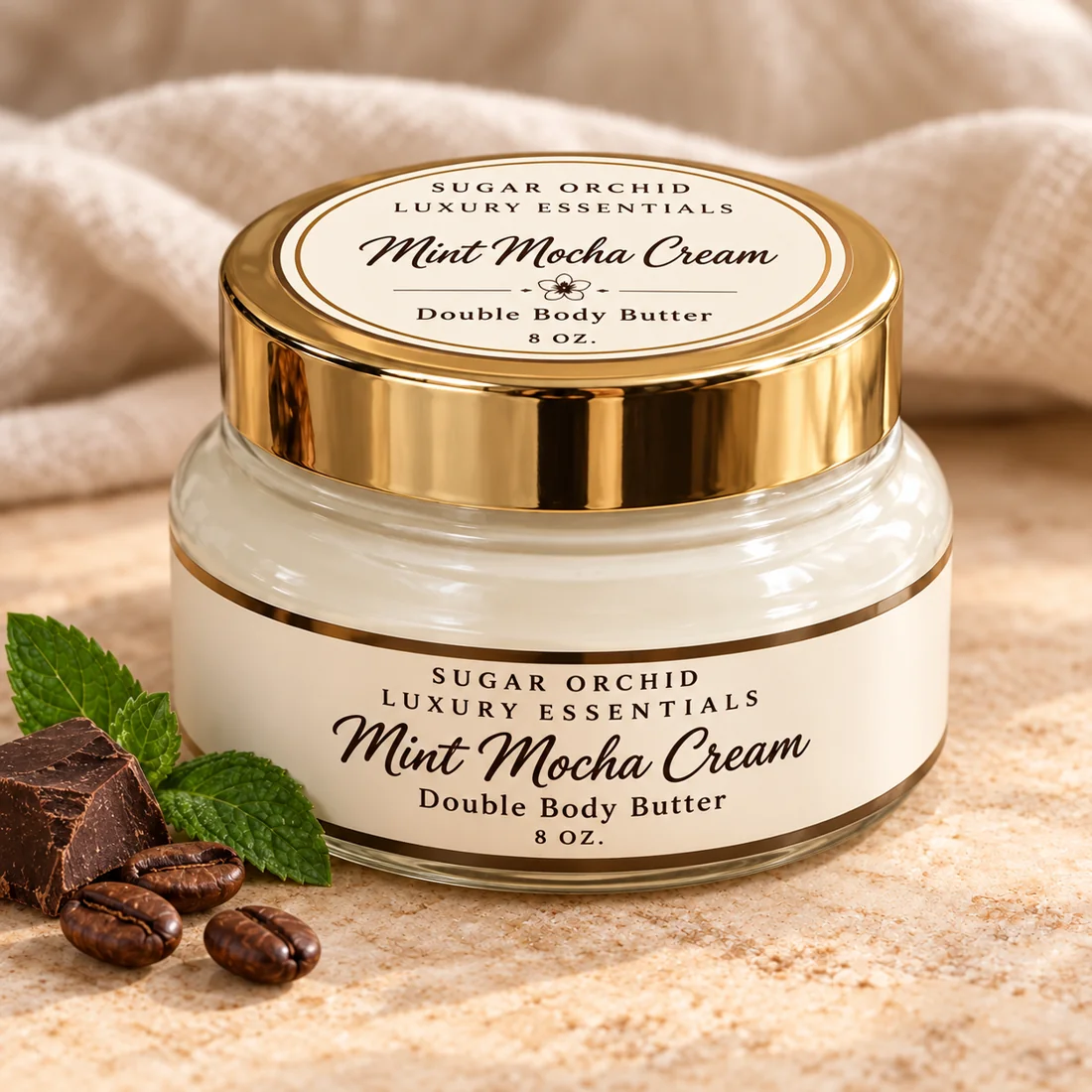 Closed gold-lid jar of Mint Mocha Cream Body Butter