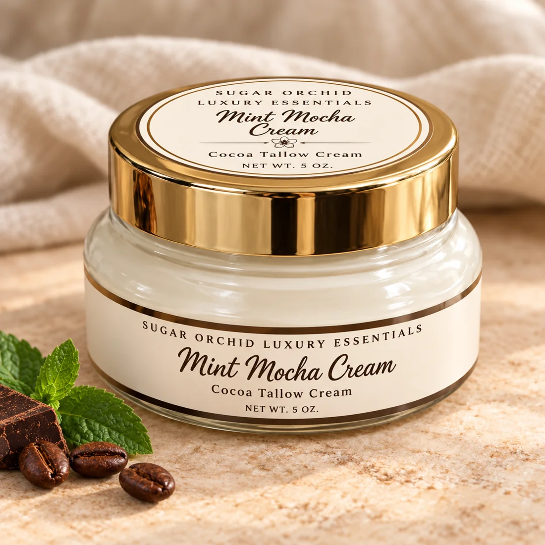 Closed gold-lid jar of Mint Mocha Cream Cocoa Tallow Cream