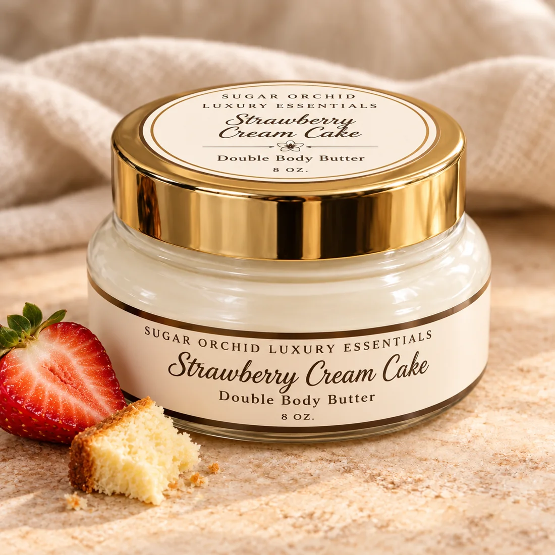 Closed gold-lid jar of Strawberry Cream Cake Body Butter
