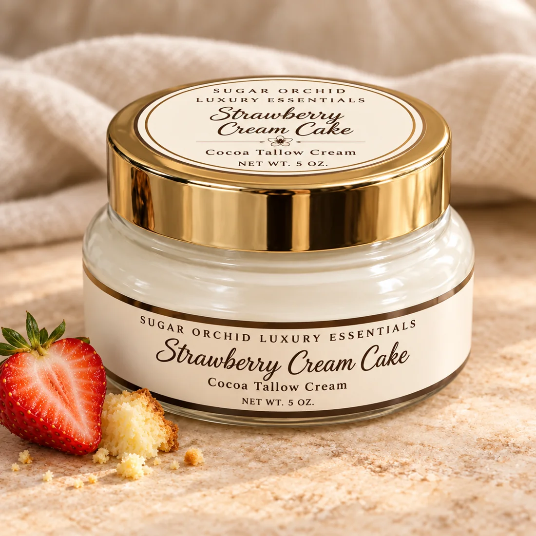 Closed gold-lid jar of Strawberry Cream Cake Cocoa Tallow Cream