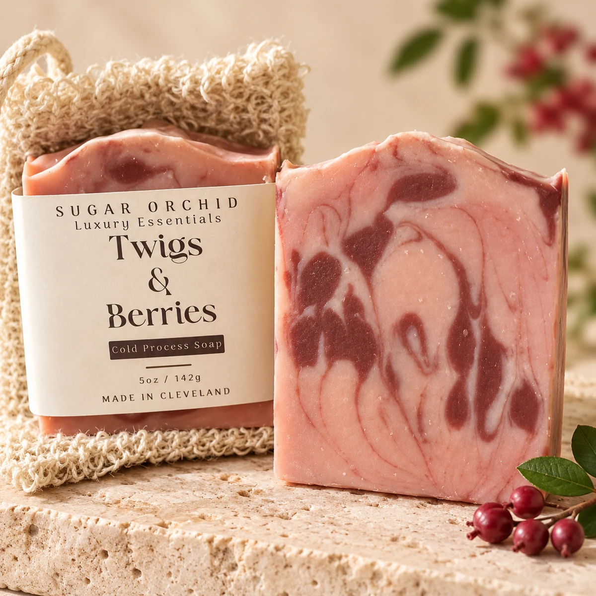 Twigs & Berries Soap handmade bars on a light stone surface