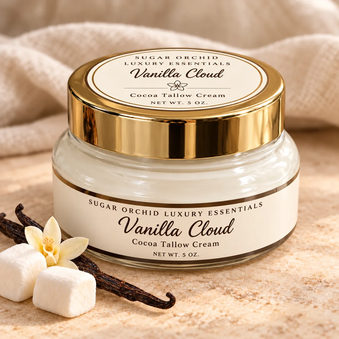 Closed gold-lid jar of Vanilla Cloud Cocoa Tallow Cream